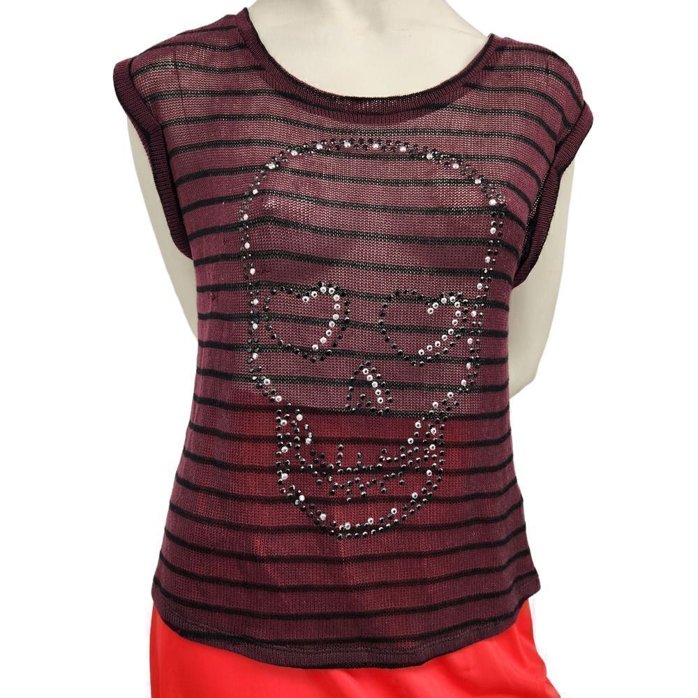 Bongo Sheer Top Short Sleeve Juniors Medium Purple Black Stud Skull Chiffon Back